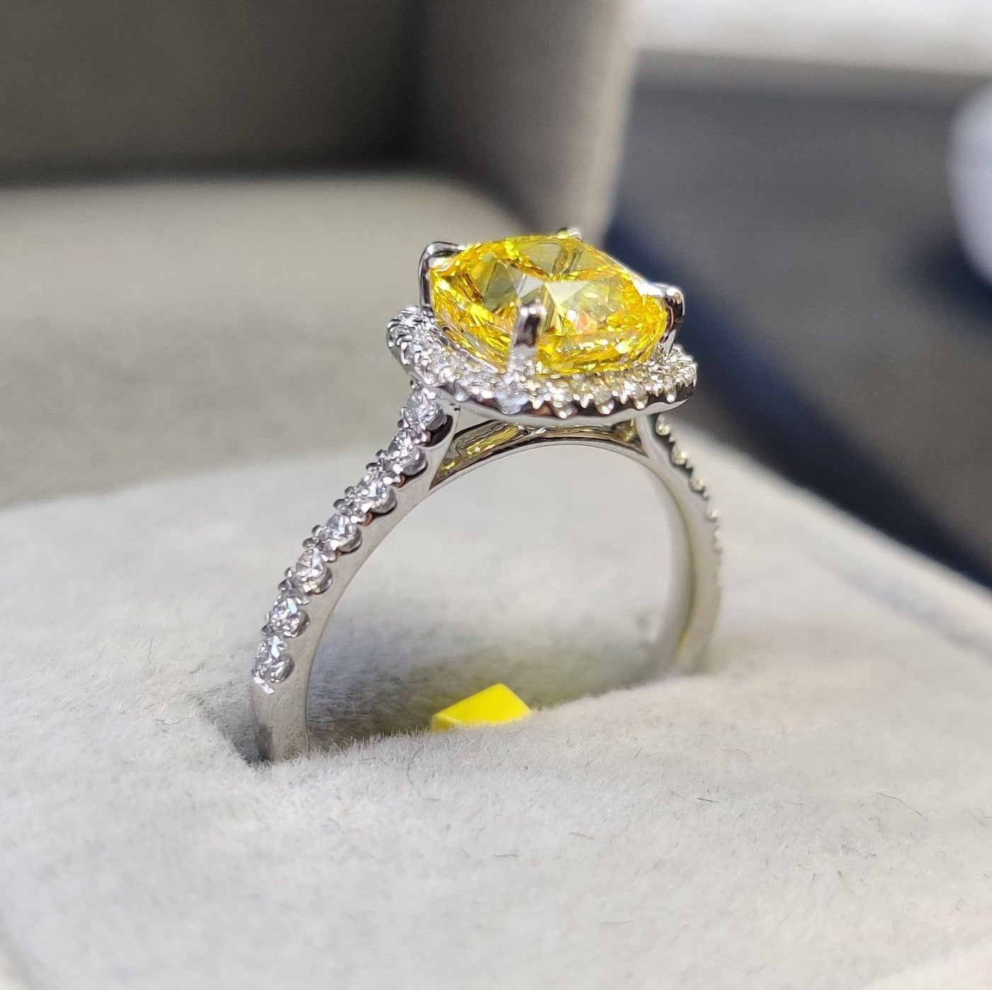 IGI CERTIFIED Fancy Vivid Yellow 2.40CT Cushion Diamond Halo Engagement Ring, Platinum