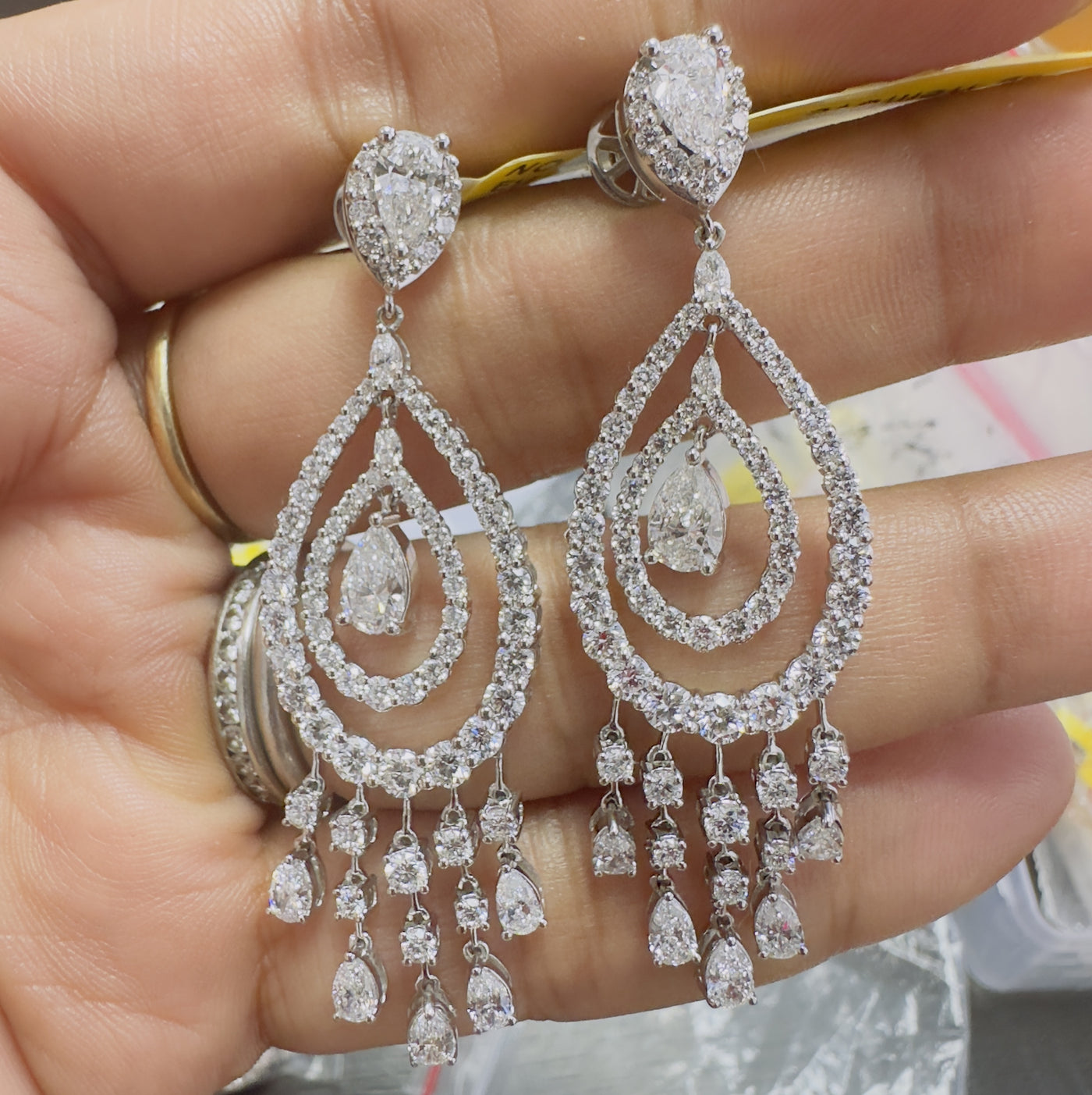 Top Quality..! 7Ct Pear and Round Diamond Designer Long Earrings In white Gold