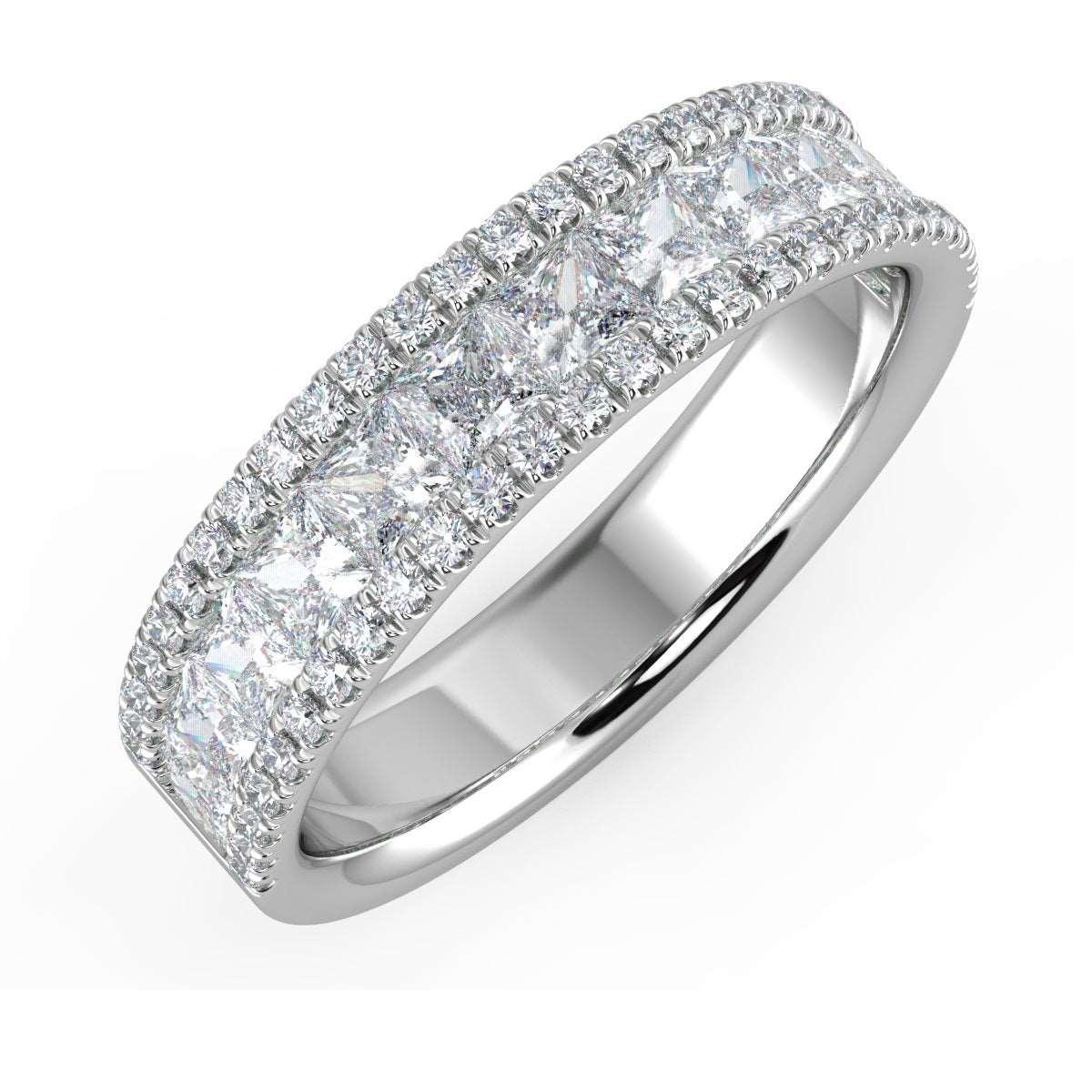 3 Row Princess and Round Diamond Half Eternity Ring in Platinum & 18k White Gold