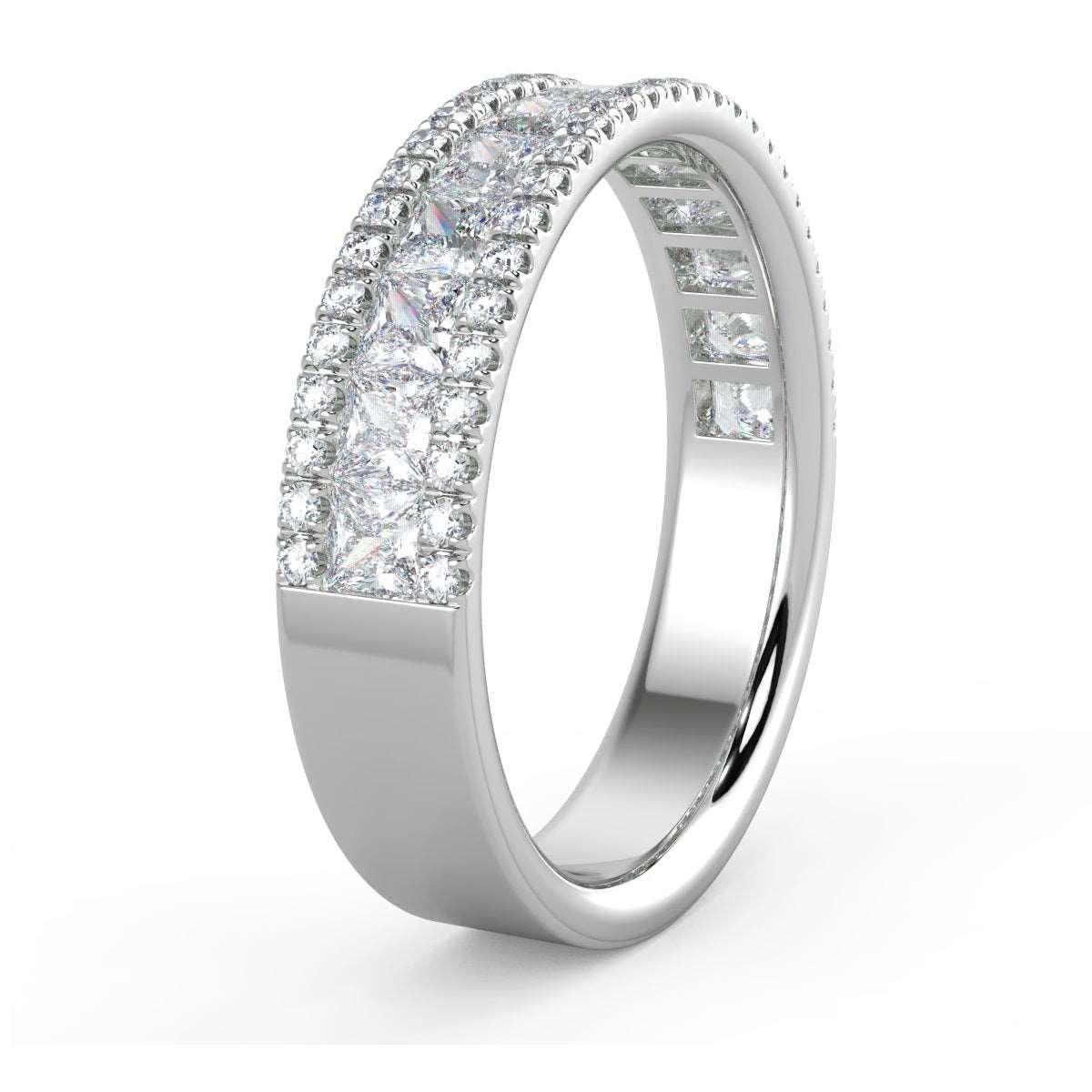 3 Row Princess and Round Diamond Half Eternity Ring in Platinum & 18k White Gold