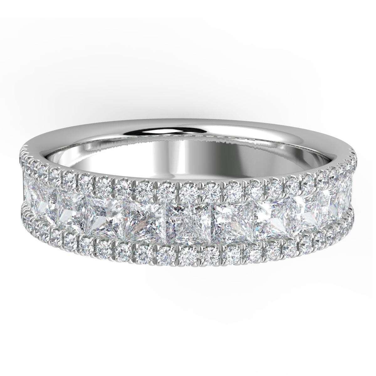 3 Row Princess and Round Diamond Half Eternity Ring in Platinum & 18k White Gold