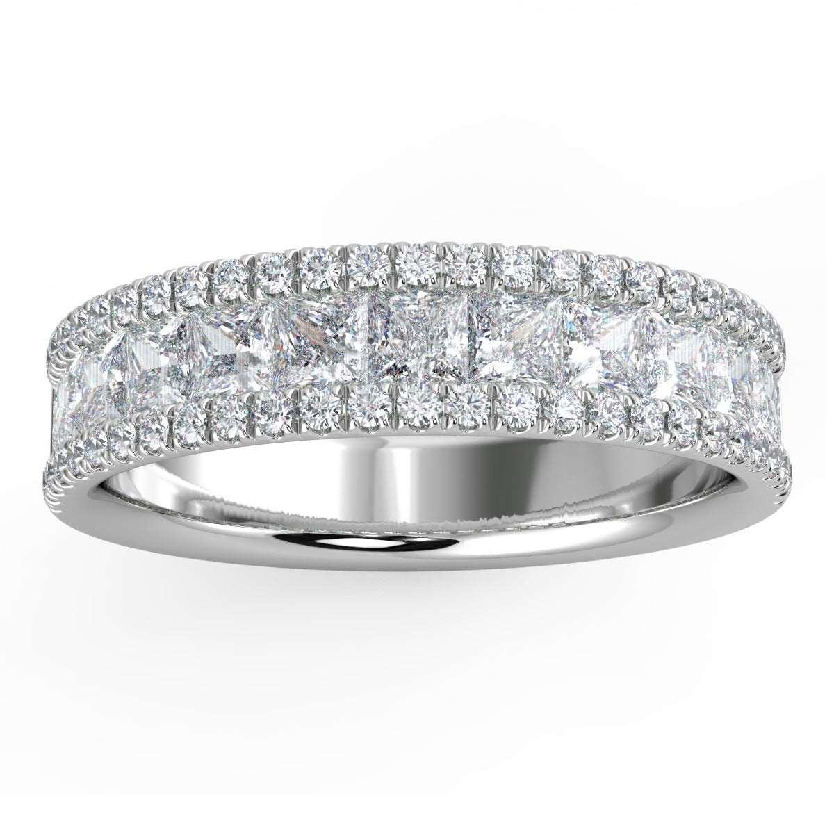 3 Row Princess and Round Diamond Half Eternity Ring in Platinum & 18k White Gold