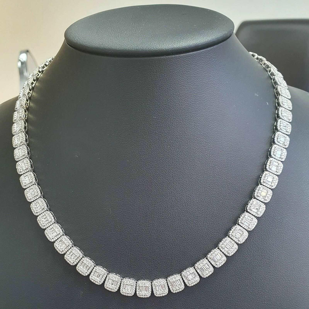 18ct Baguette & Round Natural Diamond Designer Necklace in 9K White Gold
