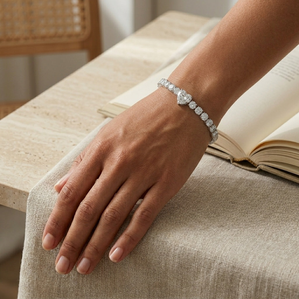 10.00Ct Heart and Round Lab Diamond Tennis Bracelet In 9k White Gold 7inch