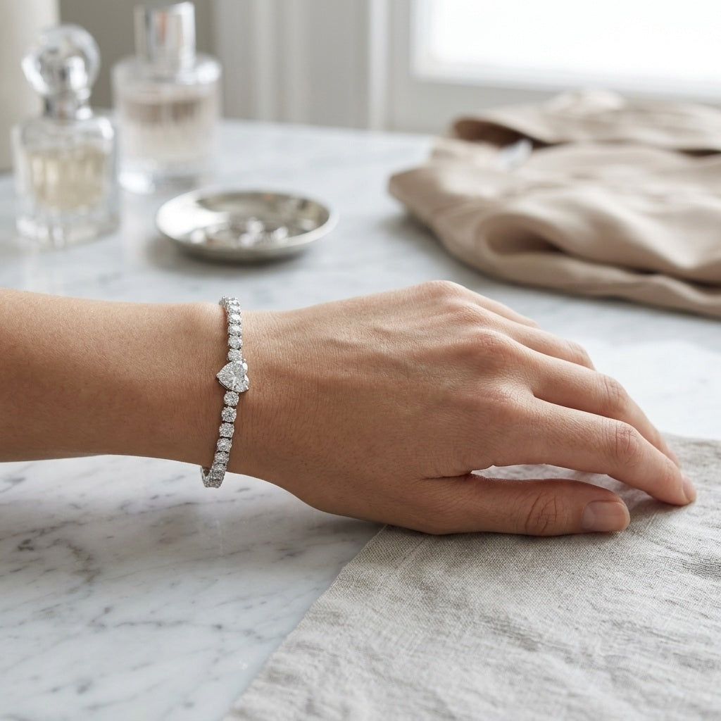 10.00Ct Heart and Round Lab Diamond Tennis Bracelet In 9k White Gold 7inch