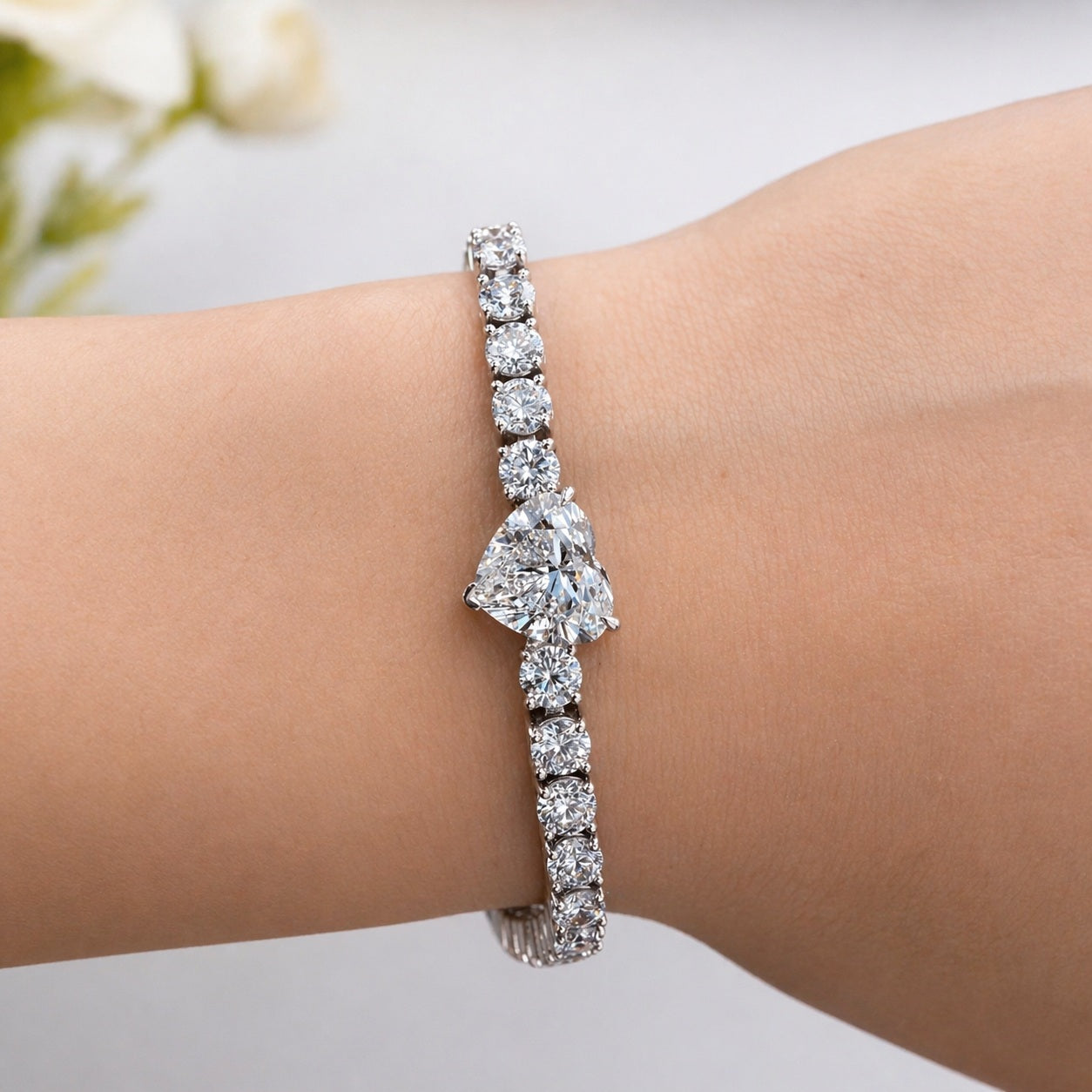 10.00Ct Heart and Round Lab Diamond Tennis Bracelet In 9k White Gold 7inch