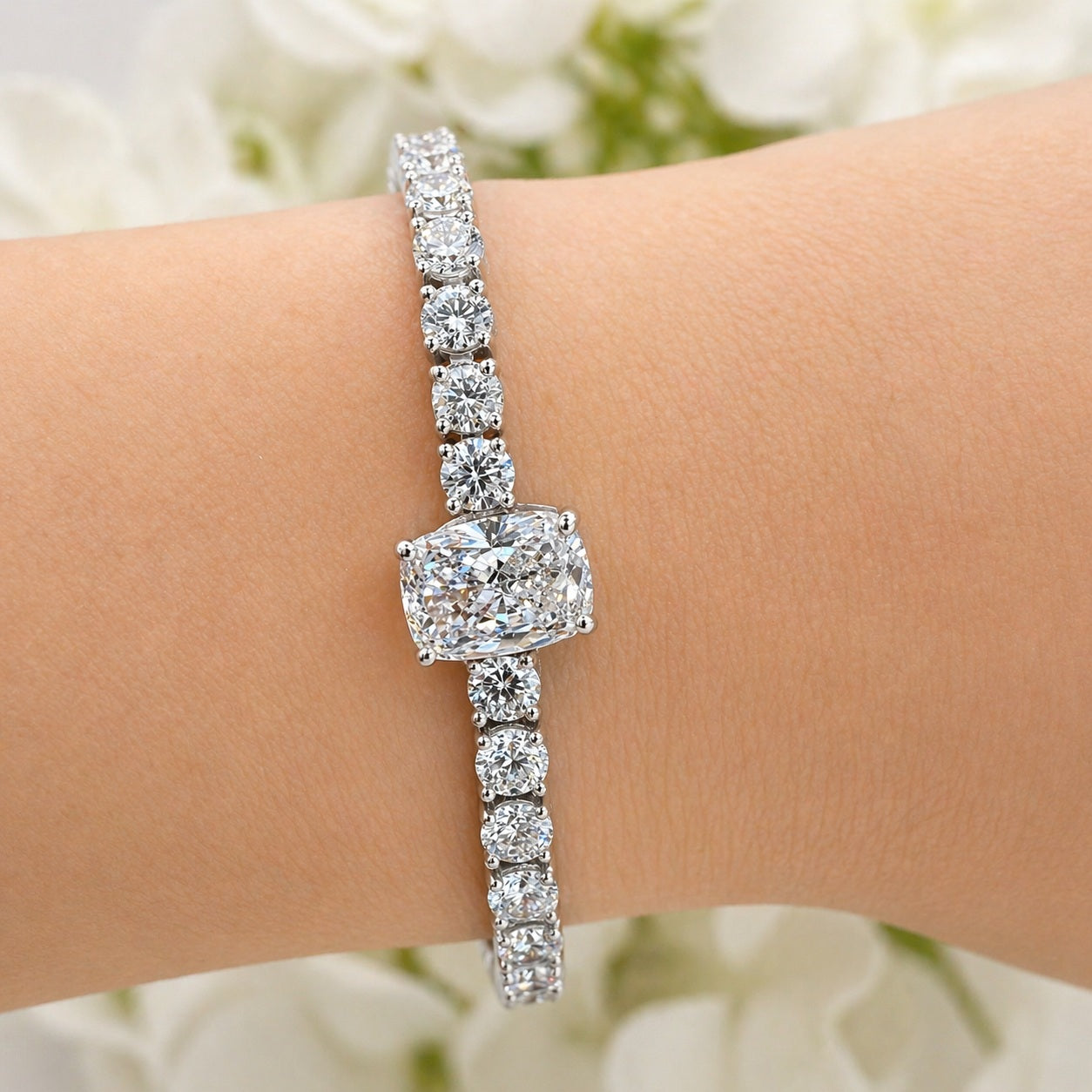 8.00Ct Cushion and Round Lab Diamond Tennis Bracelet In 9k White Gold 7inch