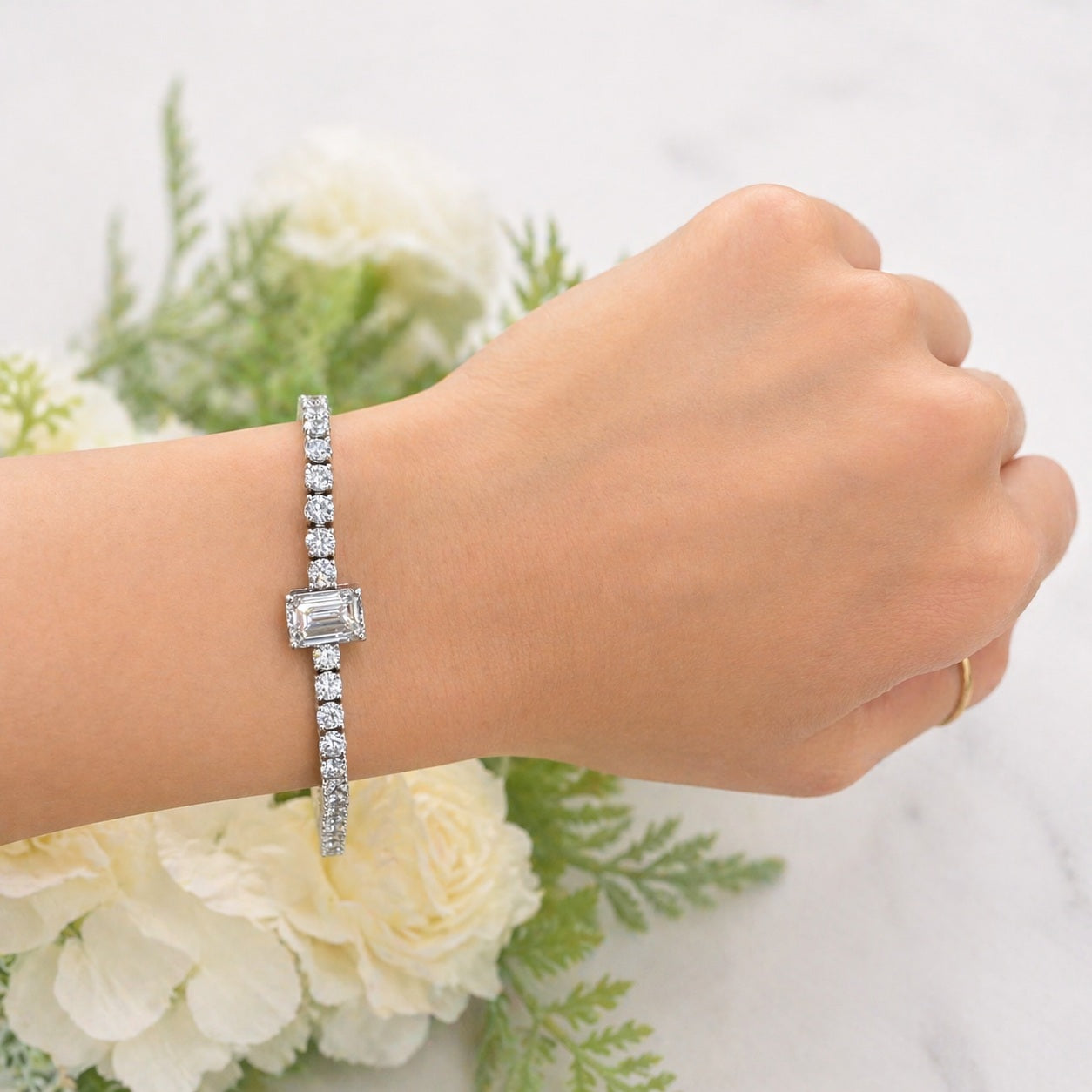 8.50Ct Emerald and Round Lab Diamond Tennis Bracelet In 9k White Gold 7inch