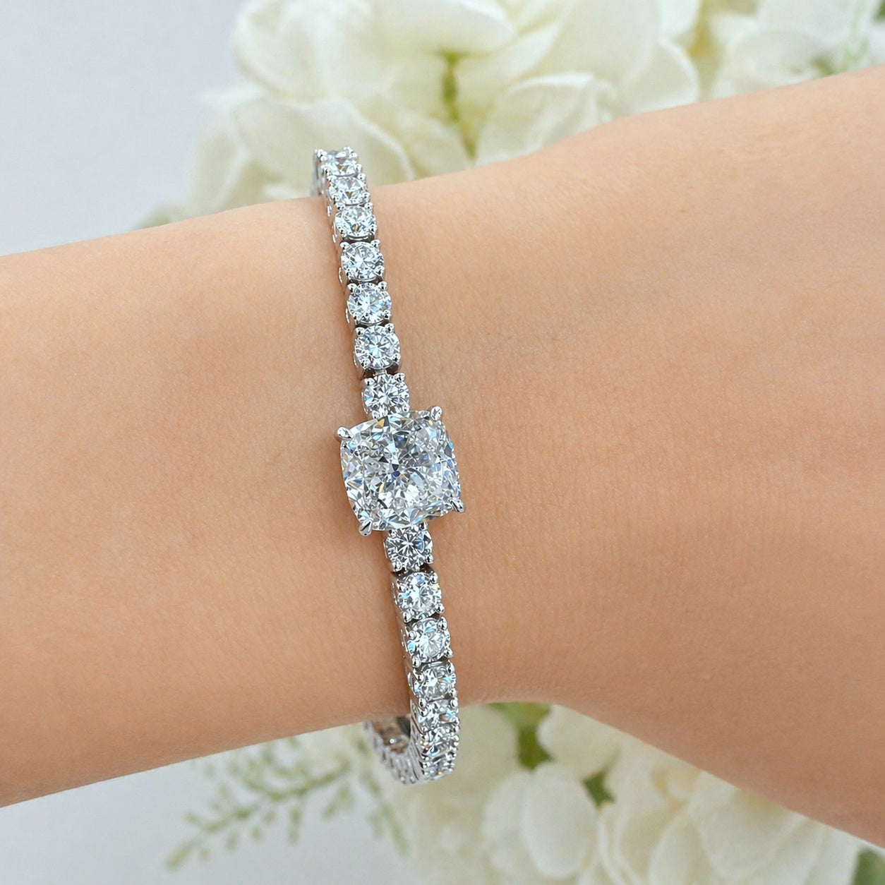 8.00Ct Cushion and Round Lab Diamond Tennis Bracelet In 9k White Gold 7inch