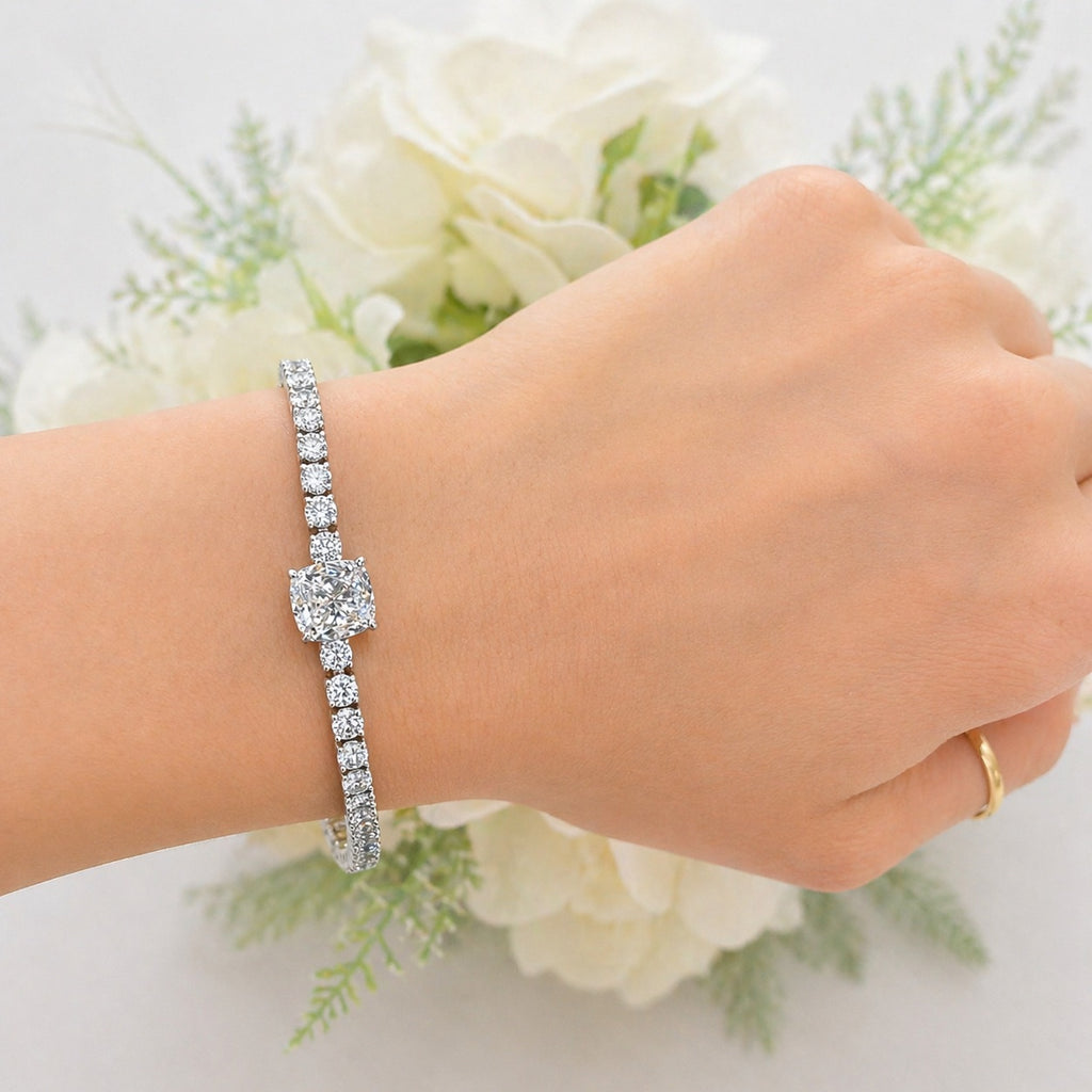 8.00Ct Cushion and Round Lab Diamond Tennis Bracelet In 9k White Gold 7inch