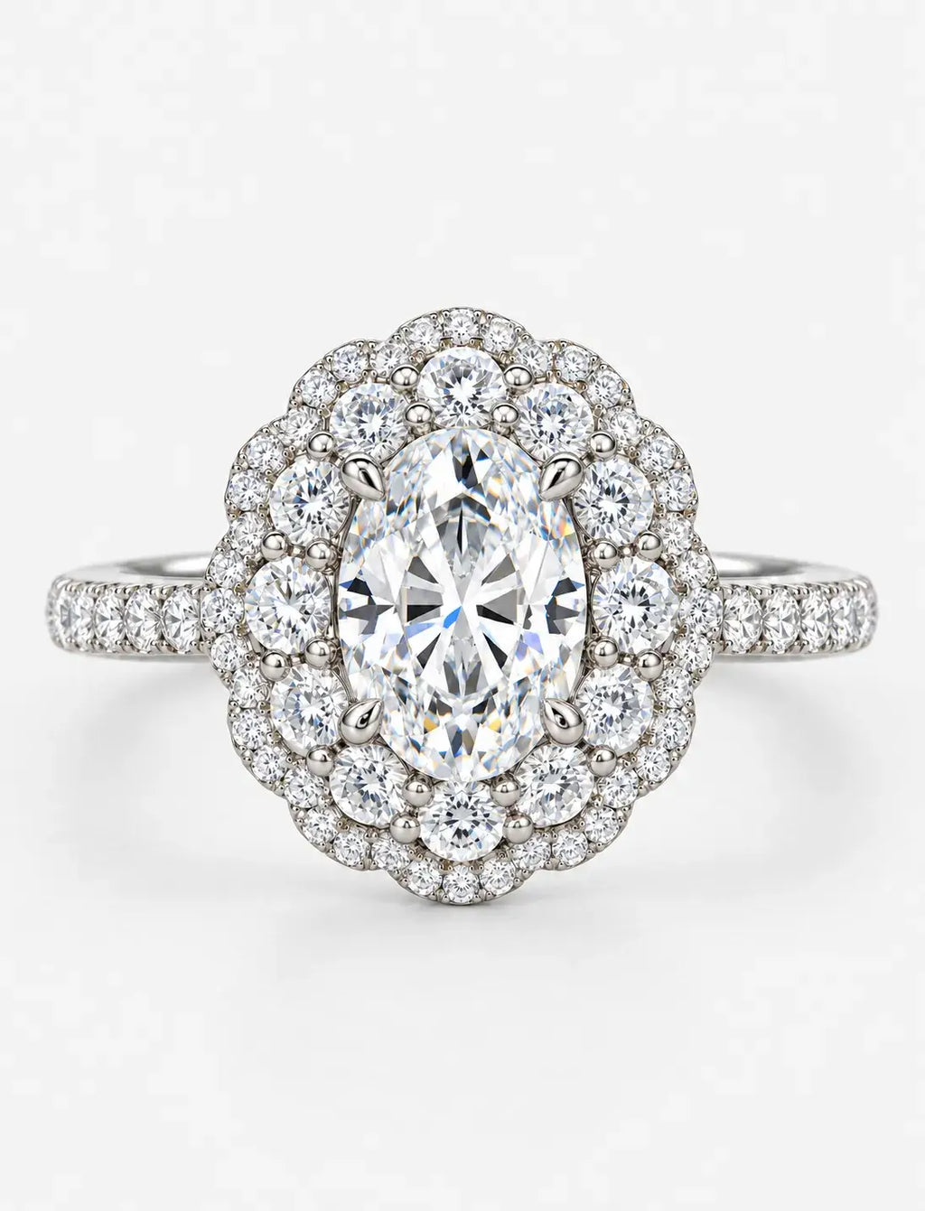 Oval Diamond Engagement Ring 3.32 Carat Halo Round Diamond Pave Cluster Ring in 9K White Gold