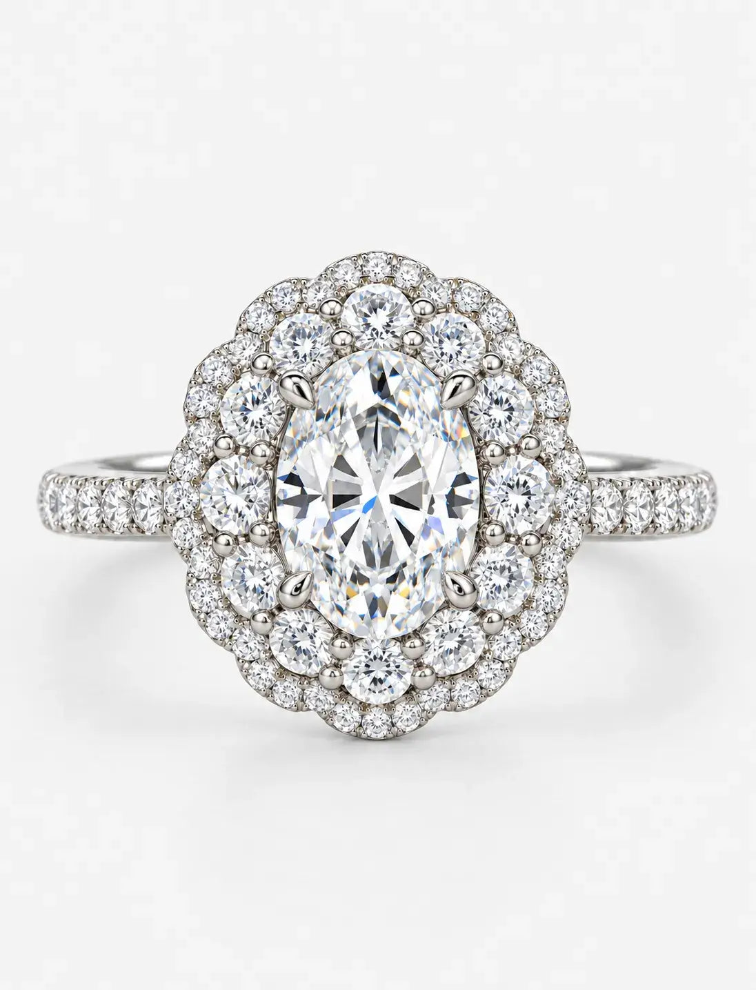 Oval Diamond Engagement Ring 3.32 Carat Halo Round Diamond Pave Cluster Ring in 9K White Gold