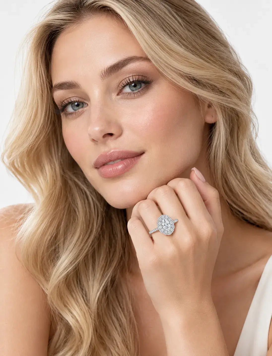 Oval Diamond Engagement Ring 3.32 Carat Halo Round Diamond Pave Cluster Ring in 9K White Gold