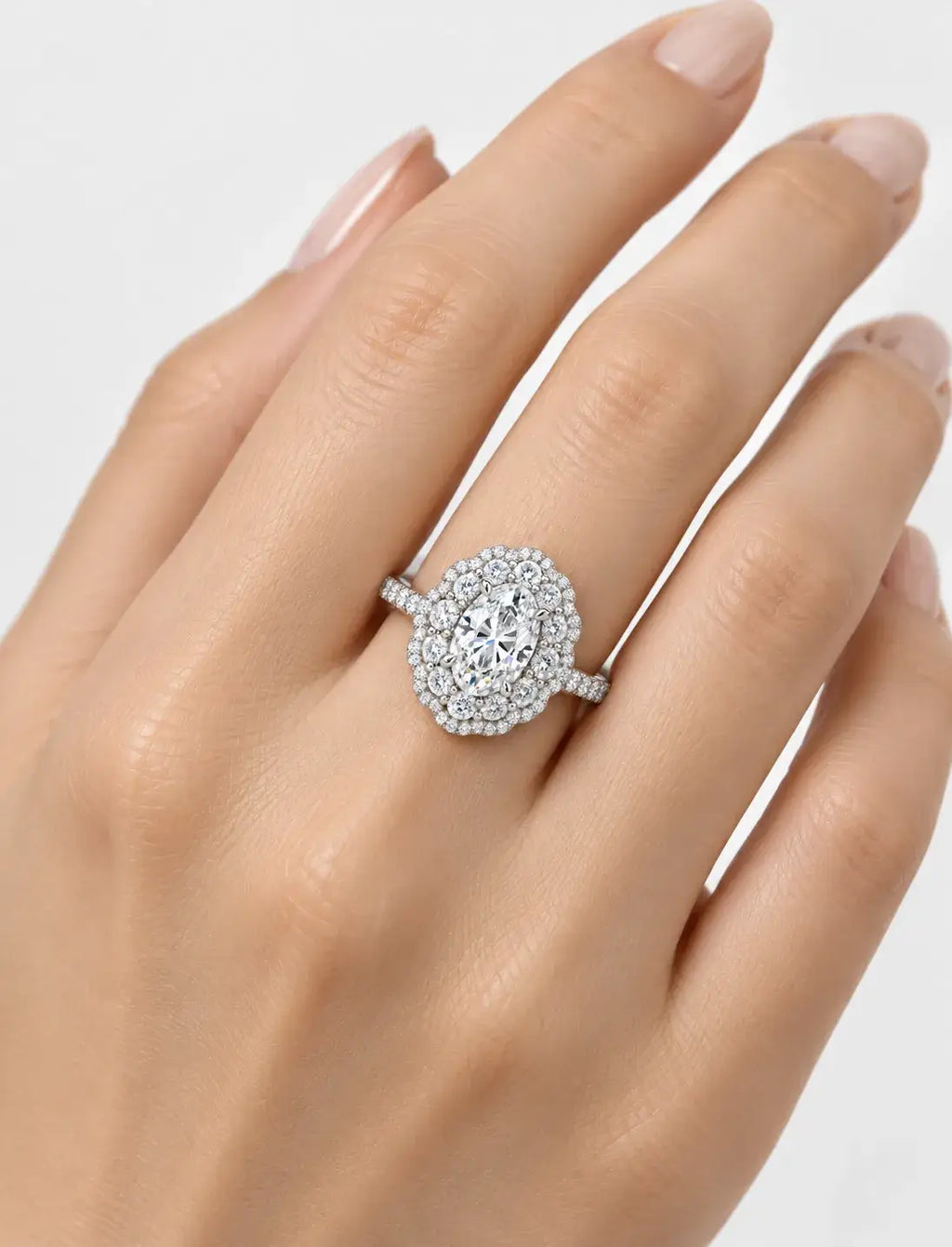Oval Diamond Engagement Ring 3.32 Carat Halo Round Diamond Pave Cluster Ring in 9K White Gold