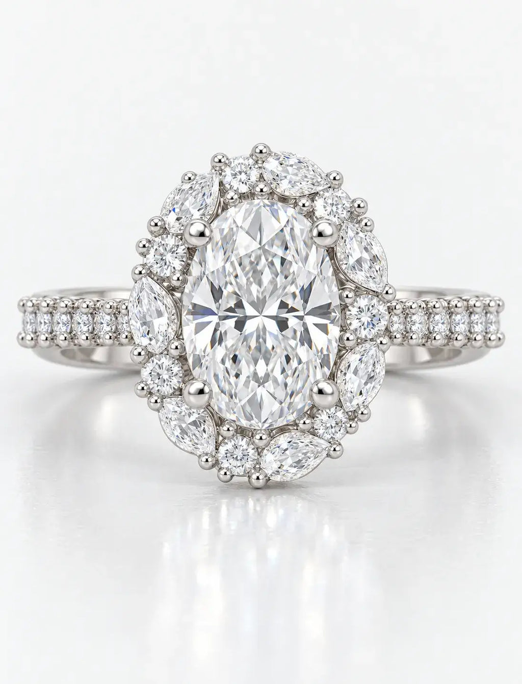 Oval Diamond with Pear Round Diamond Engagement Ring 3.07 Carat Halo Side Diamond Lab Grown IGI Certified Ring in 9K White Gold