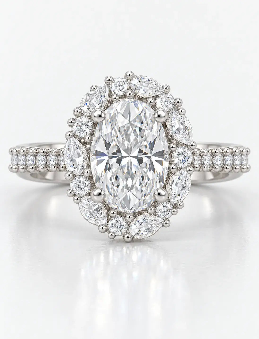 Oval Diamond with Pear Round Diamond Engagement Ring 3.07 Carat Halo Side Diamond Lab Grown IGI Certified Ring in 9K White Gold