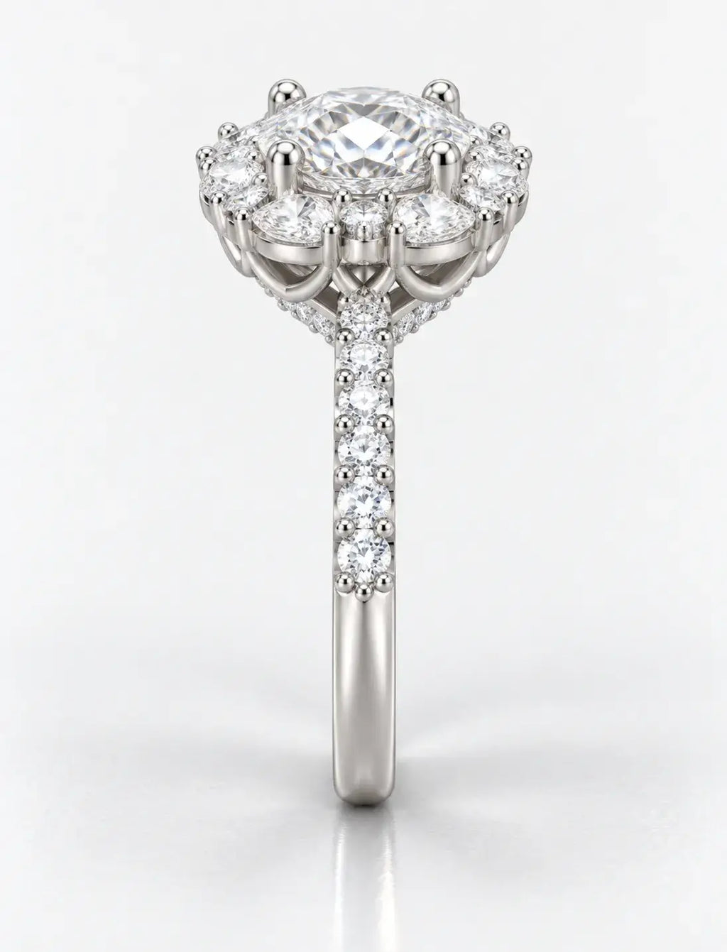 Oval Diamond with Pear Round Diamond Engagement Ring 3.07 Carat Halo Side Diamond Lab Grown IGI Certified Ring in 9K White Gold