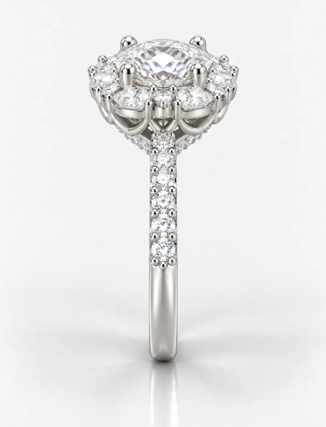 Oval Diamond with Pear Round Diamond Engagement Ring 3.07 Carat Halo Side Diamond Lab Grown IGI Certified Ring in 9K White Gold