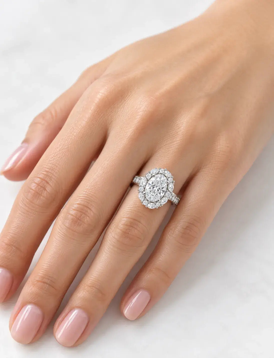 Oval Diamond with Pear Round Diamond Engagement Ring 3.07 Carat Halo Side Diamond Lab Grown IGI Certified Ring in 9K White Gold
