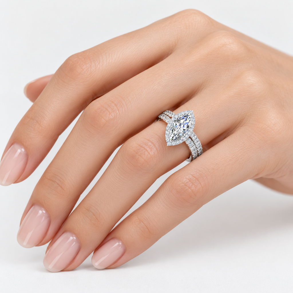 IGI Certified Lab Grown Marquise Diamond Halo Bridal Set Ring with Matching Band in Gold & Platinum - 1-5ct