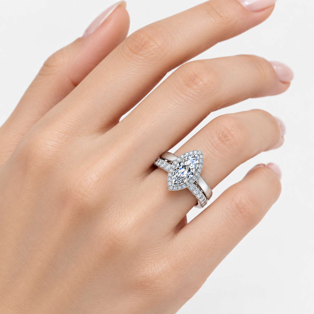IGI Certified Lab Grown Marquise Diamond Halo Engagement Ring with Matching Band in Gold & Platinum - 1-5ct
