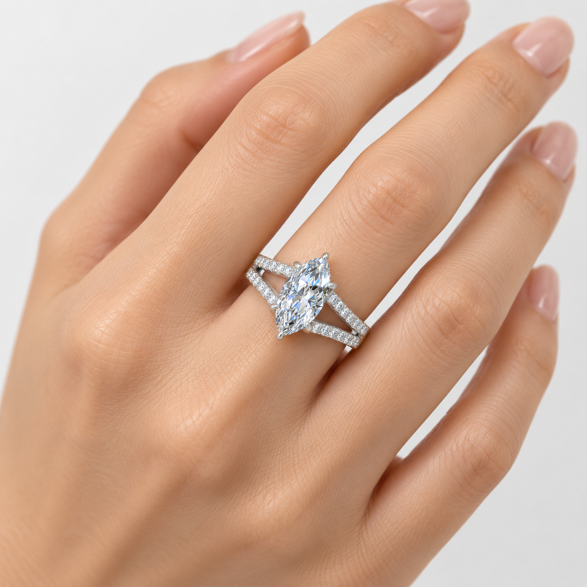 IGI Certified Lab Grown Marquise Diamond Side Split Shank Engagement Ring in Gold & Platinum - 1-5ct