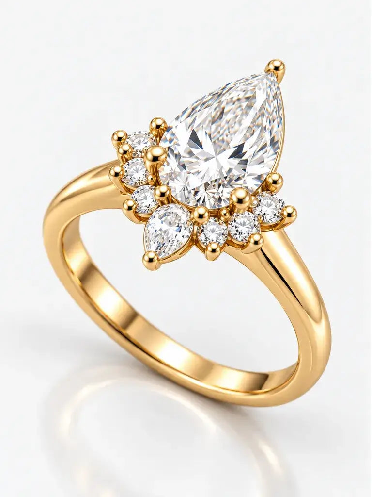 Pear Cut Diamond Engagement Ring Claw Set Lab Grown Diamond Cluster Ring IGI Certified in 18K Yellow Gold