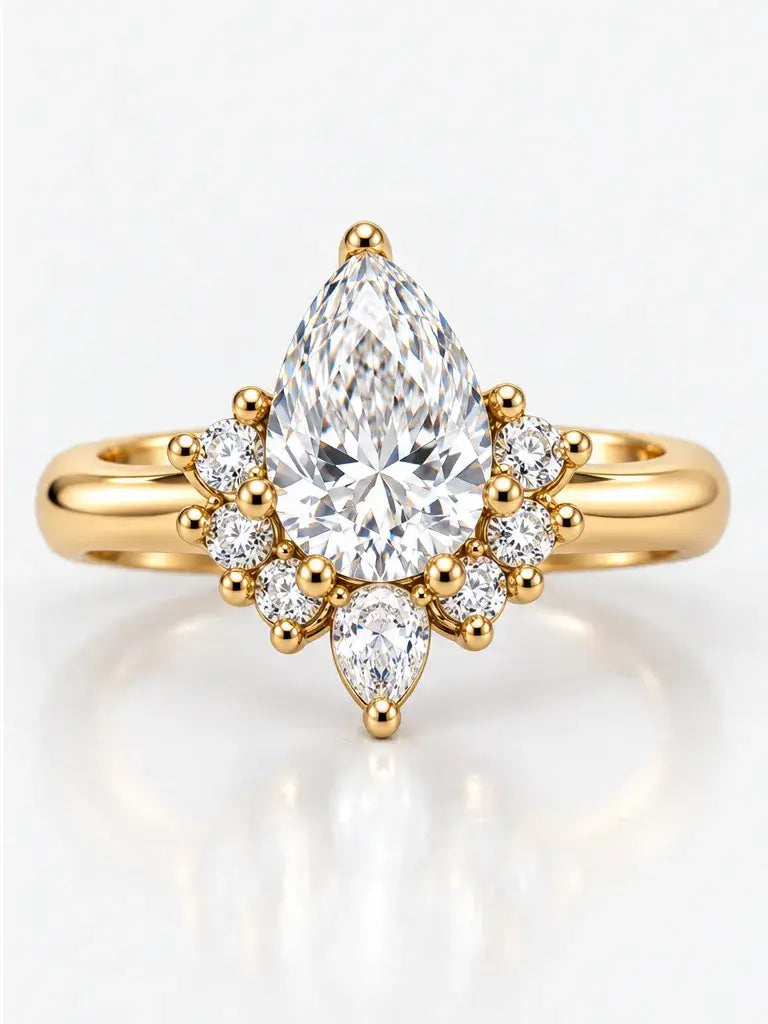 Pear Cut Diamond Engagement Ring Claw Set Lab Grown Diamond Cluster Ring IGI Certified in 18K Yellow Gold