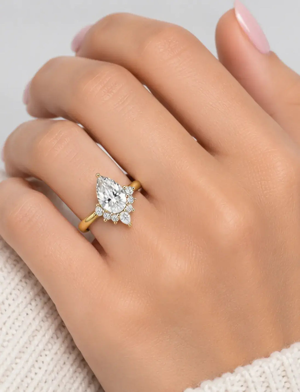 Pear Cut Diamond Engagement Ring Claw Set Lab Grown Diamond Cluster Ring IGI Certified in 18K Yellow Gold