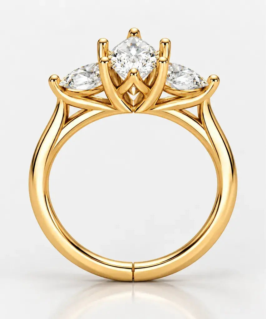 Marquise Cut Diamond Engagement Ring Claw Set Lab Grown Side Pear Diamond Trilogy Ring IGI Certified in 18K Yellow Gold