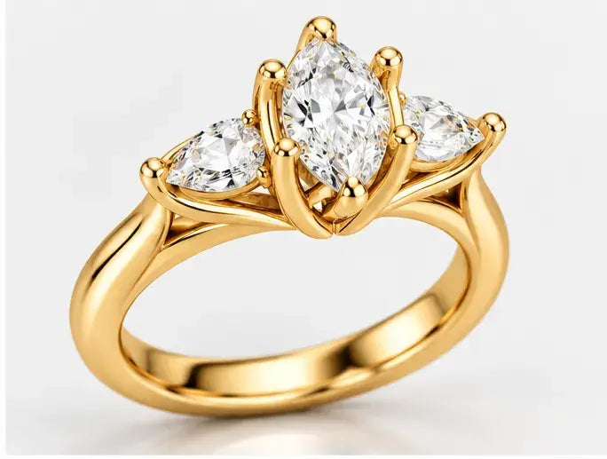 Marquise Cut Diamond Engagement Ring Claw Set Lab Grown Side Pear Diamond Trilogy Ring IGI Certified in 18K Yellow Gold