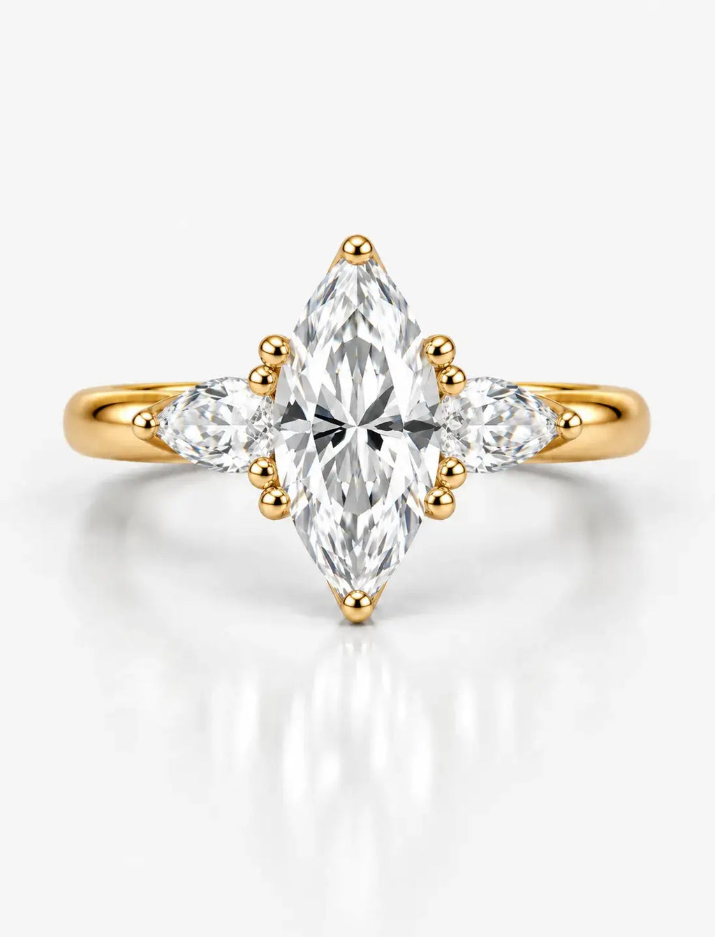 Marquise Cut Diamond Engagement Ring Claw Set Lab Grown Side Pear Diamond Trilogy Ring IGI Certified in 18K Yellow Gold