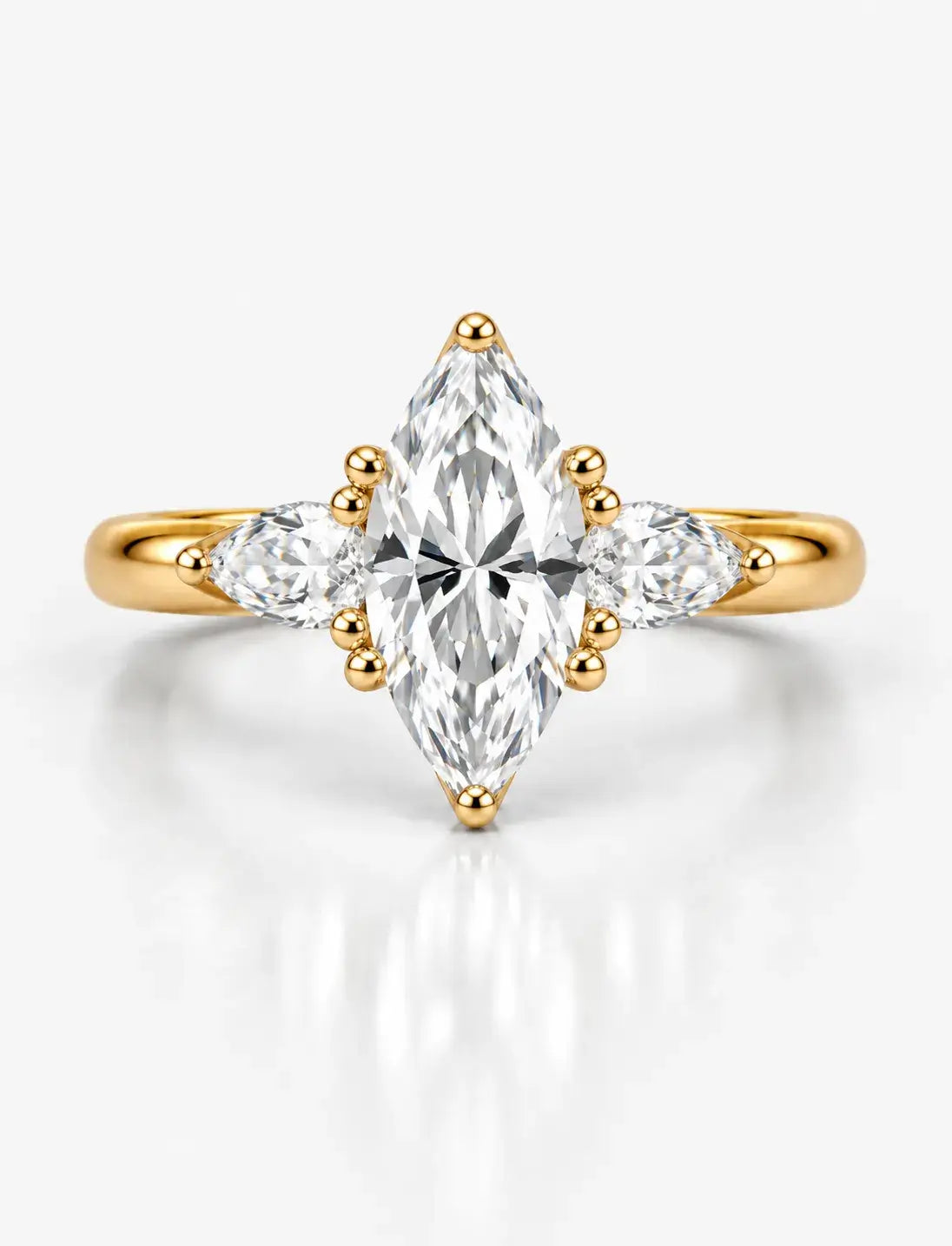 Marquise Cut Diamond Engagement Ring Claw Set Lab Grown Side Pear Diamond Trilogy Ring IGI Certified in 18K Yellow Gold