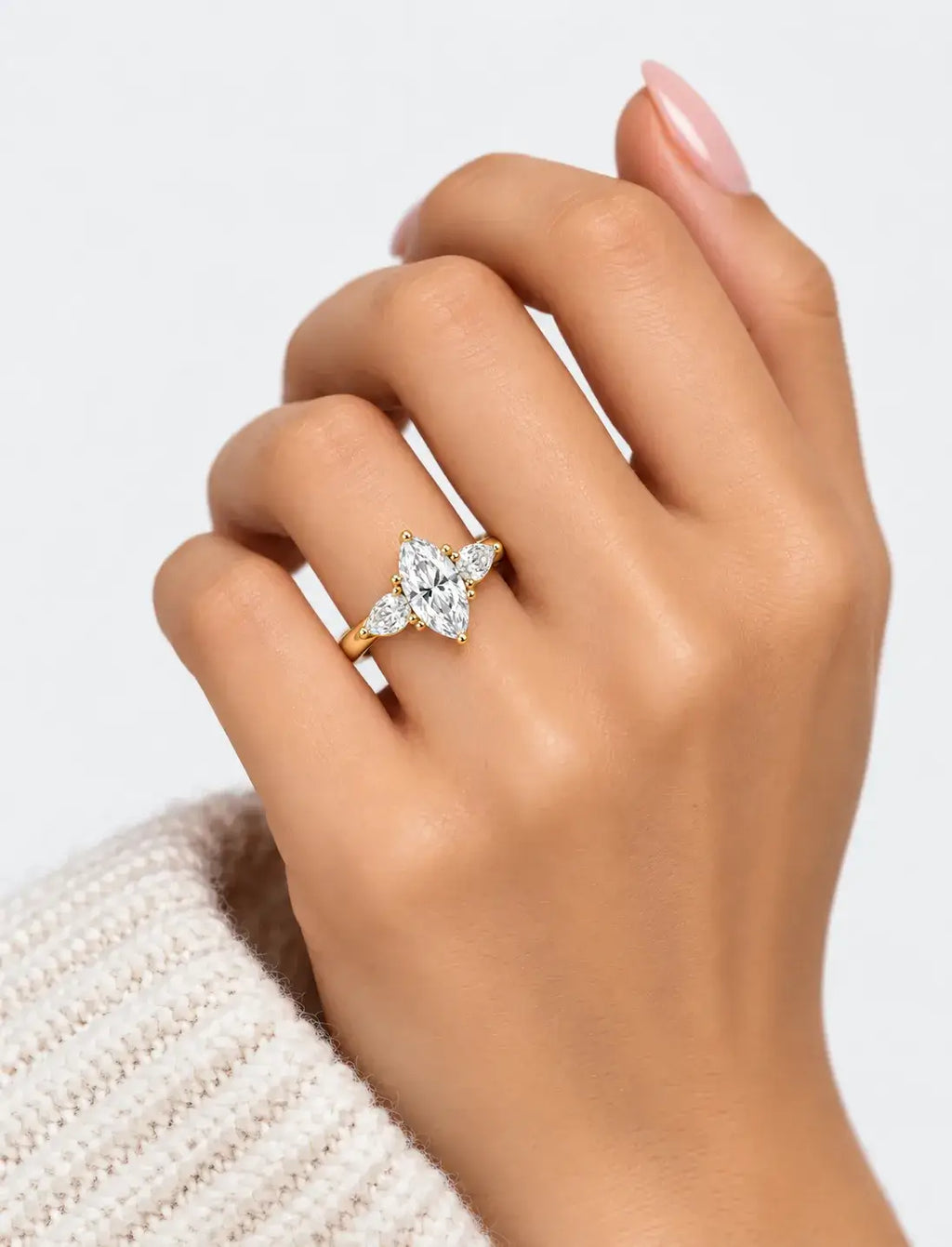 Marquise Cut Diamond Engagement Ring Claw Set Lab Grown Side Pear Diamond Trilogy Ring IGI Certified in 18K Yellow Gold