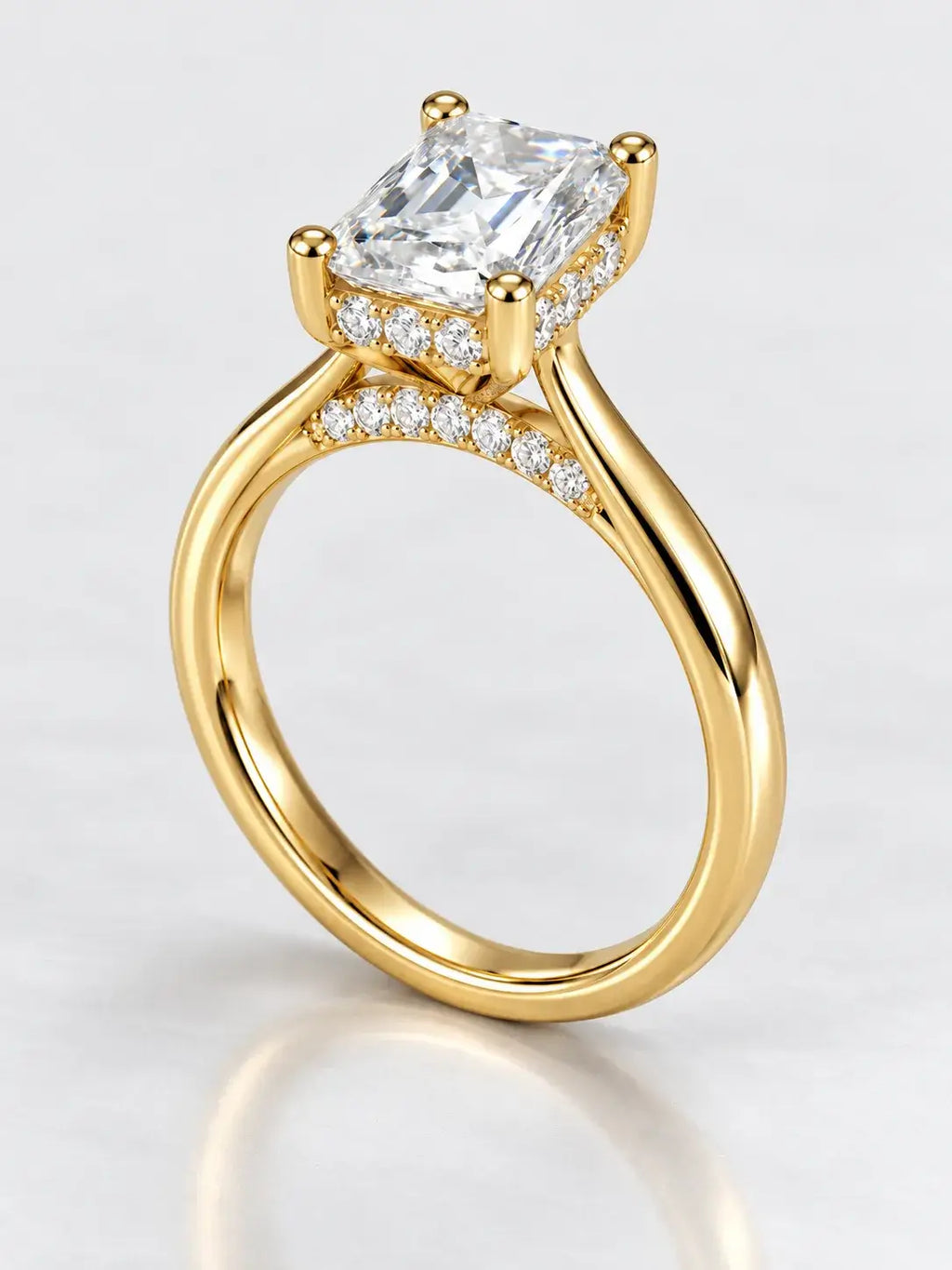Radiant Cut Solitaire Ring IGI Lab Grown Classic with Concealed Under-Halo in 18K Yellow Gold