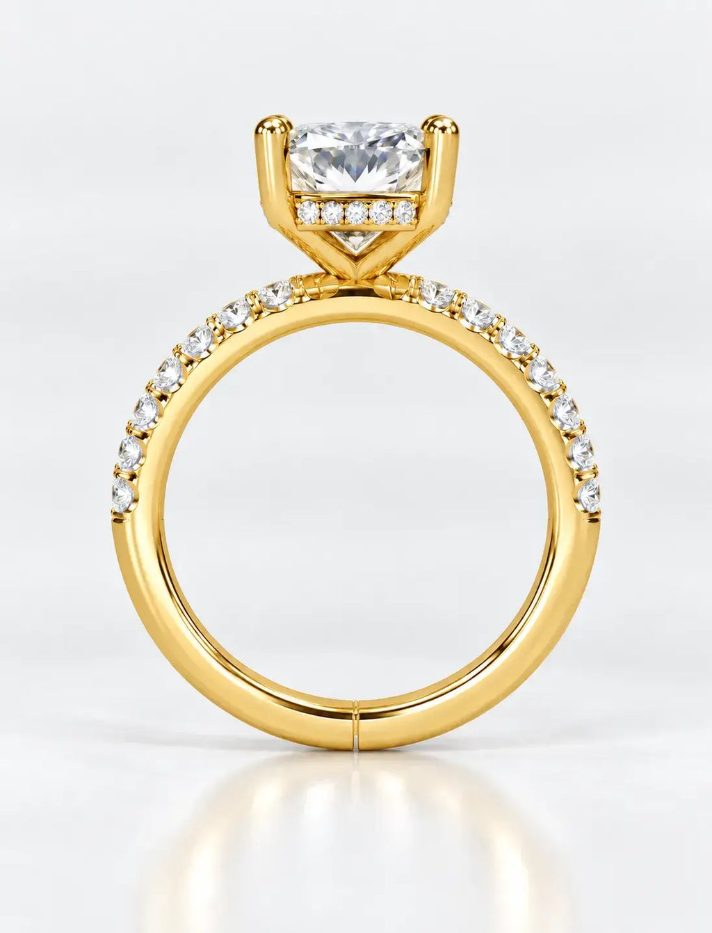 Cushion Diamond with Side Round Diamond IGI Lab Grown Pave Set Engagement Ring in 18K Yellow Gold