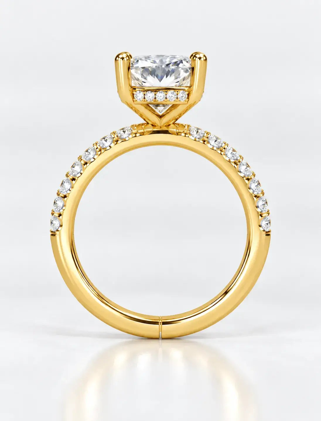 Cushion Diamond with Side Round Diamond IGI Lab Grown Pave Set Engagement Ring in 18K Yellow Gold