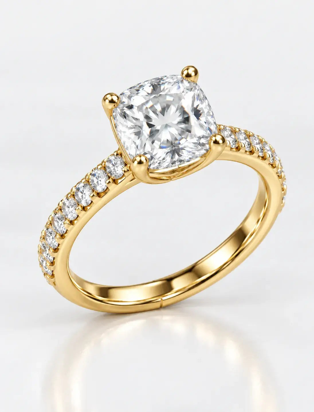 Cushion Diamond with Side Round Diamond IGI Lab Grown Pave Set Engagement Ring in 18K Yellow Gold