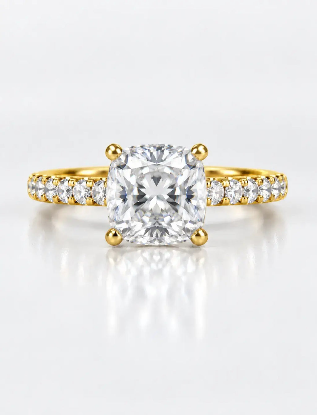 Cushion Diamond with Side Round Diamond IGI Lab Grown Pave Set Engagement Ring in 18K Yellow Gold
