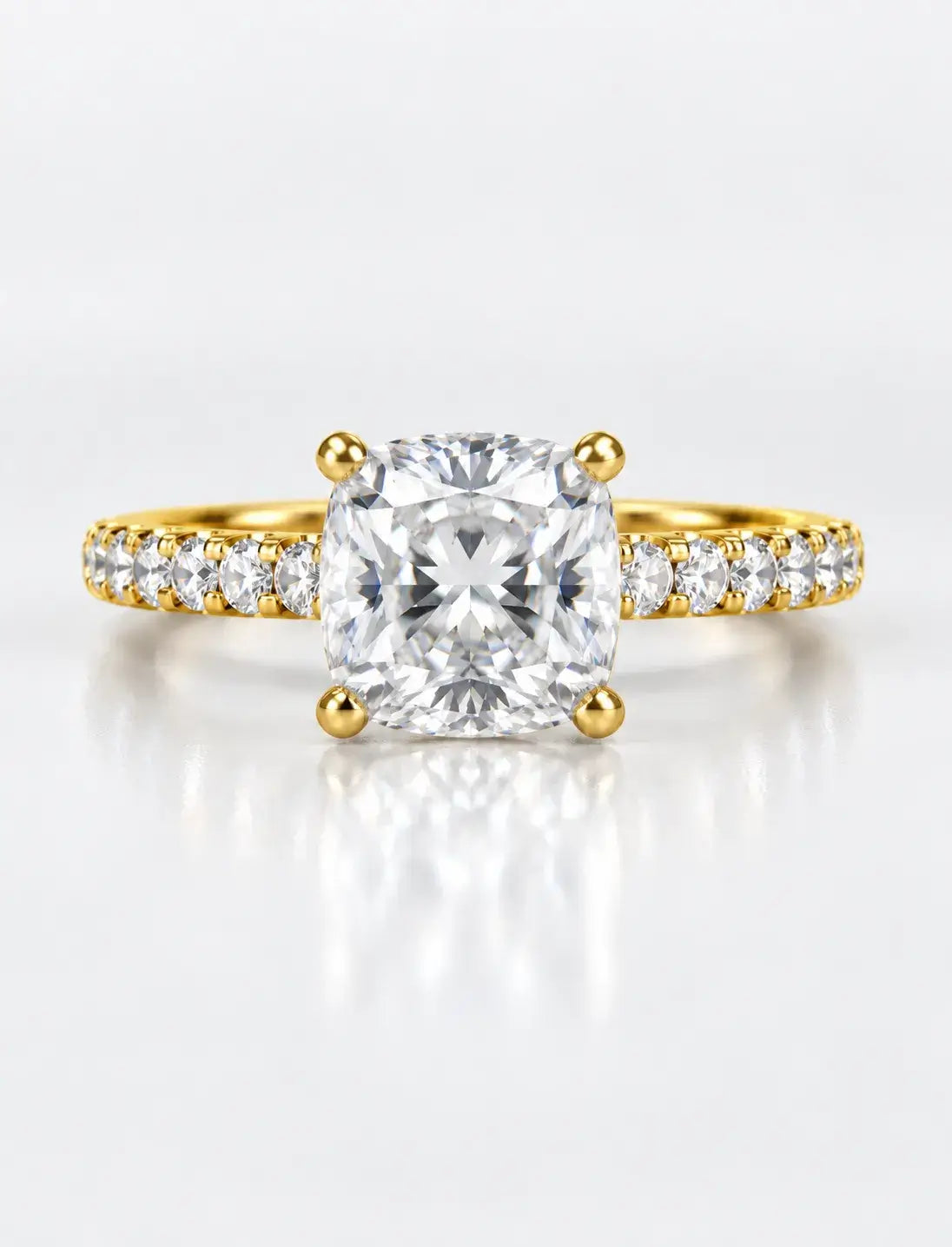 Cushion Diamond with Side Round Diamond IGI Lab Grown Pave Set Engagement Ring in 18K Yellow Gold