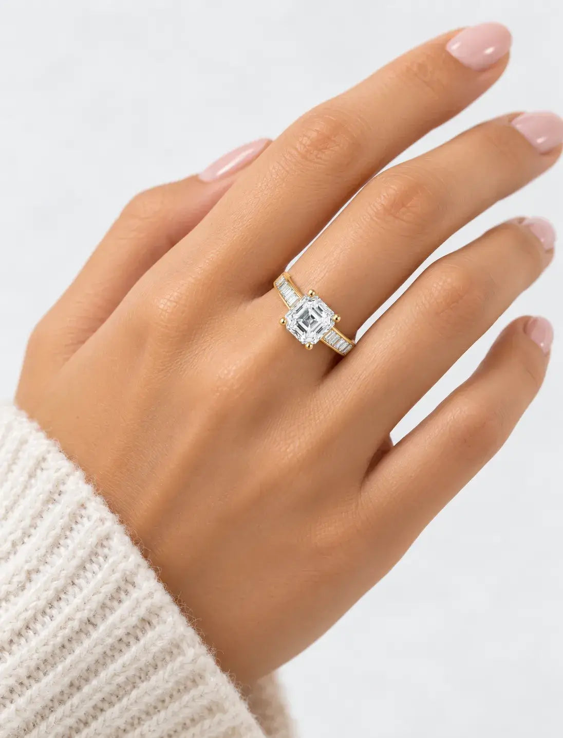 Asscher Diamond Engagement Ring 2.90 Carat with side Baguette Cut Channel Set Diaonmd Pave Set in 18K Yellow Gold