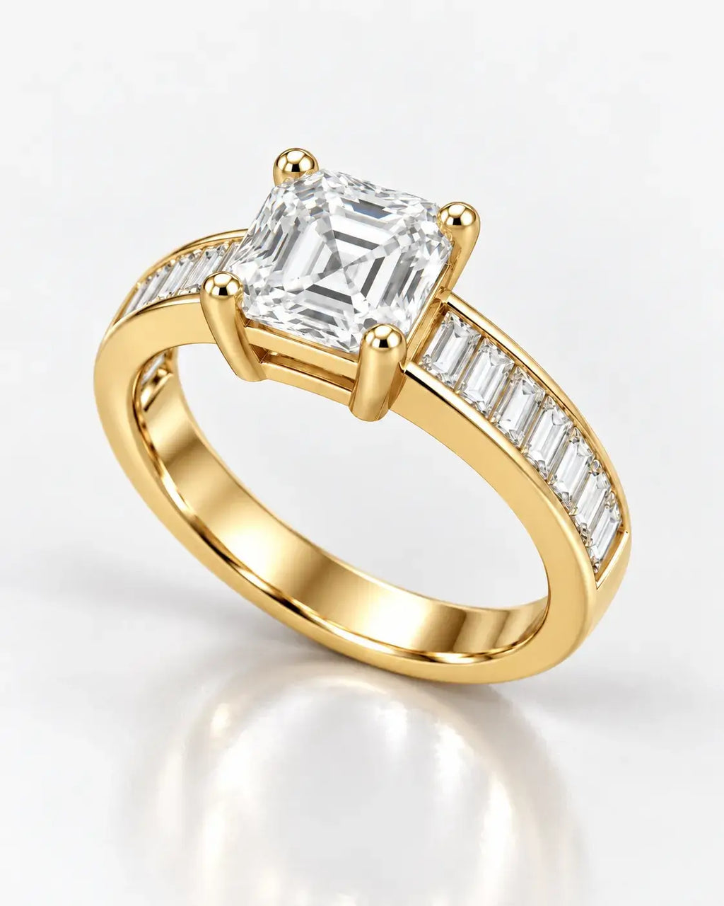 Asscher Diamond Engagement Ring 2.90 Carat with side Baguette Cut Channel Set Diaonmd Pave Set in 18K Yellow Gold