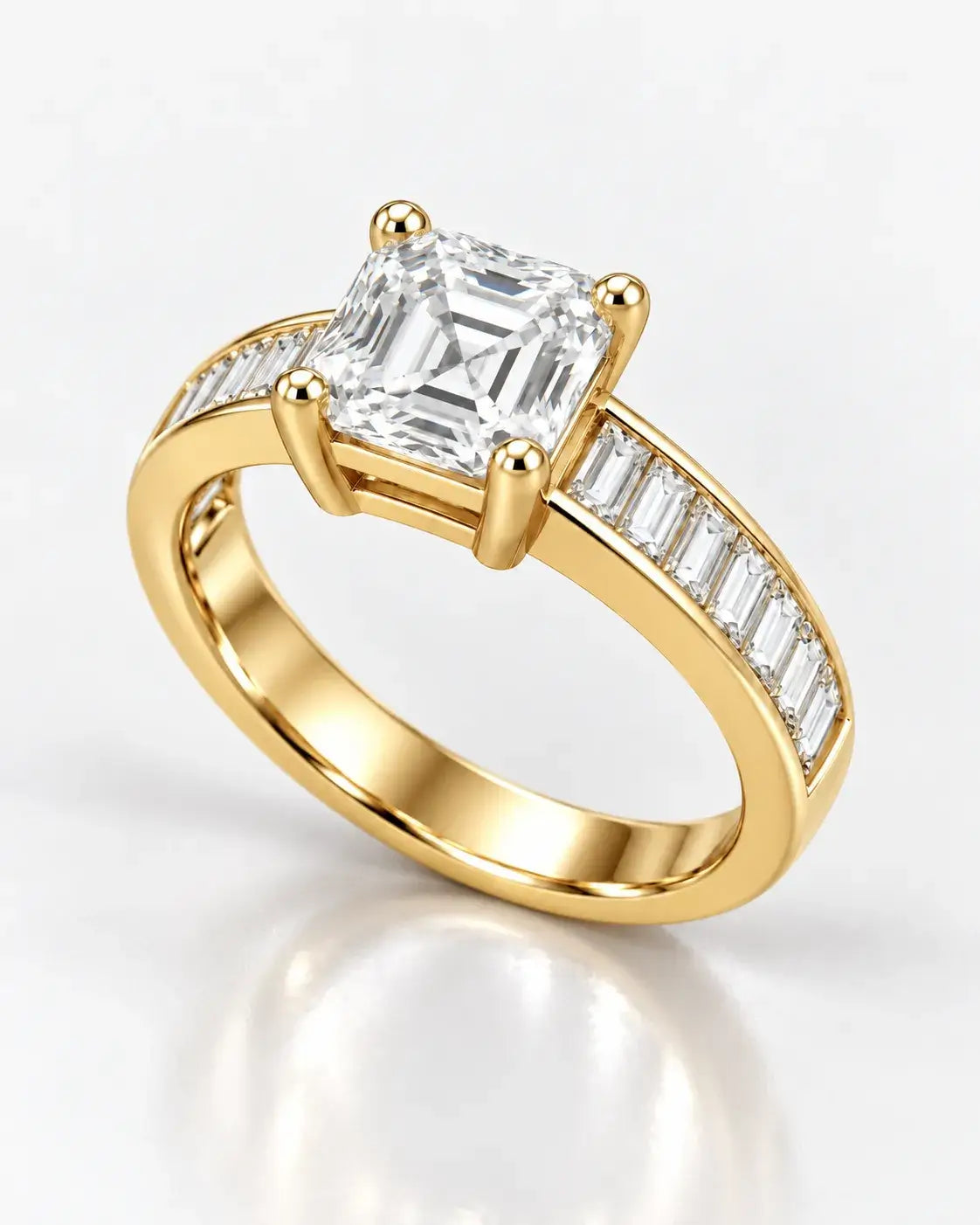 Asscher Diamond Engagement Ring 2.90 Carat with side Baguette Cut Channel Set Diaonmd Pave Set in 18K Yellow Gold