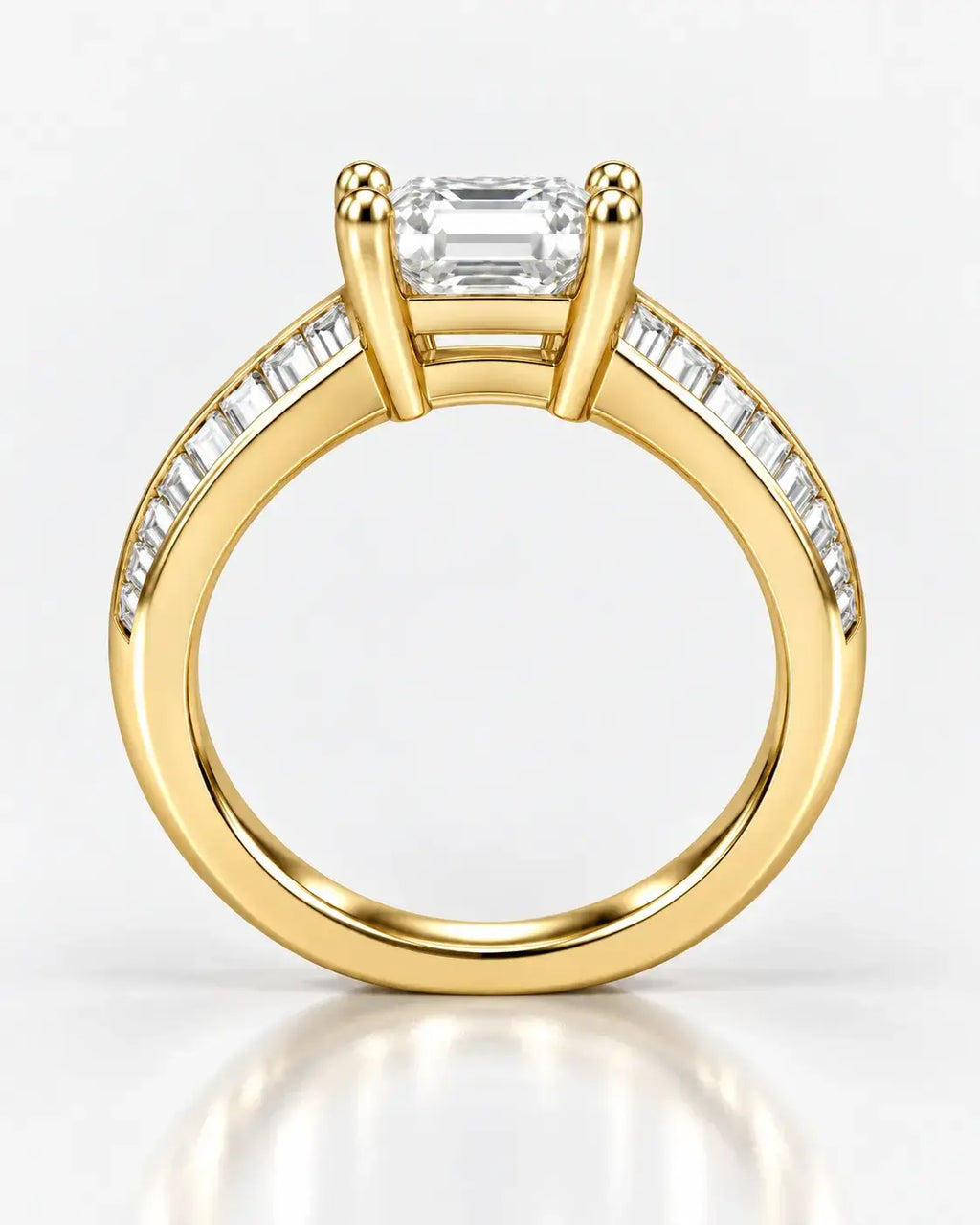 Asscher Diamond Engagement Ring 2.90 Carat with side Baguette Cut Channel Set Diaonmd Pave Set in 18K Yellow Gold