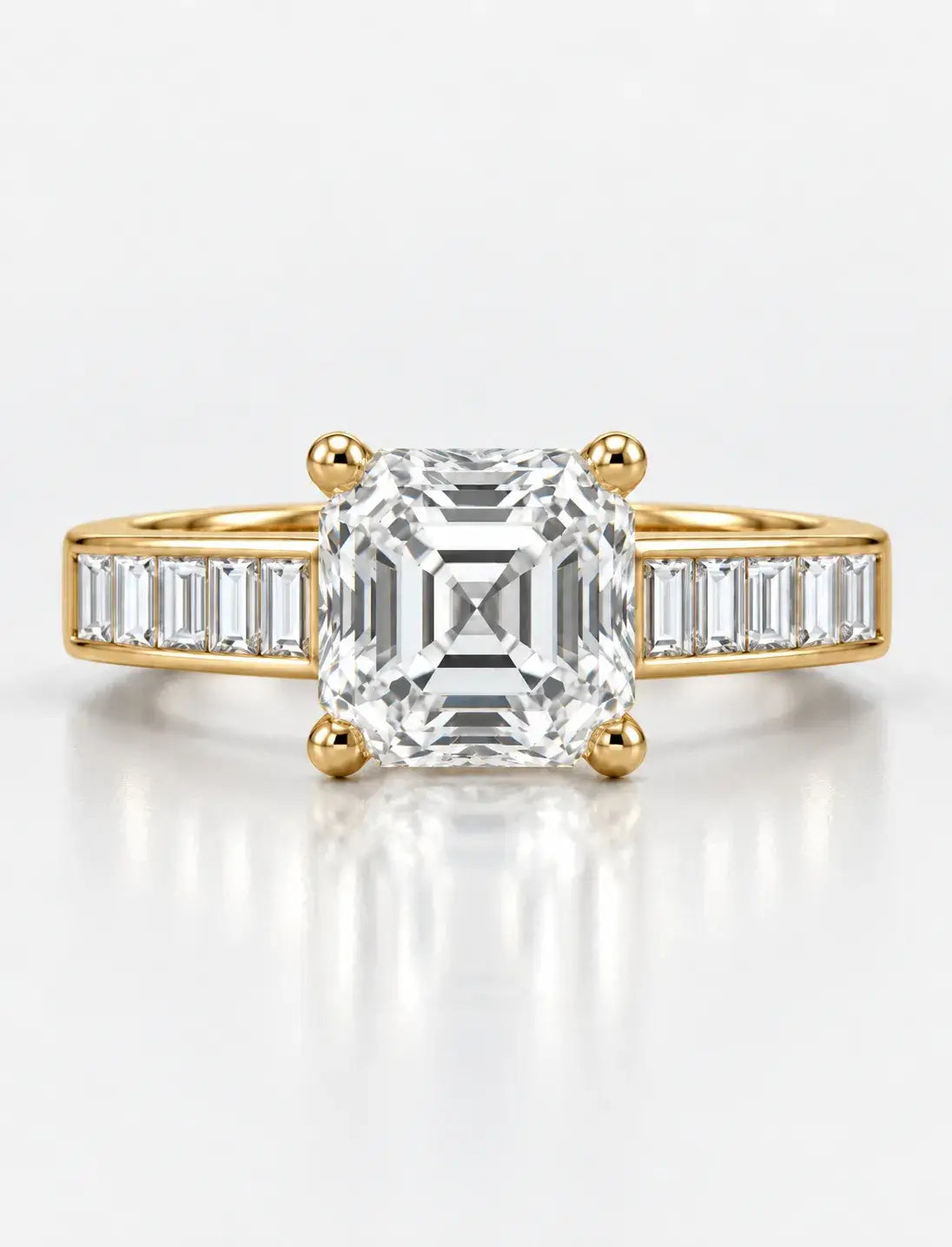Asscher Diamond Engagement Ring 2.90 Carat with side Baguette Cut Channel Set Diaonmd Pave Set in 18K Yellow Gold
