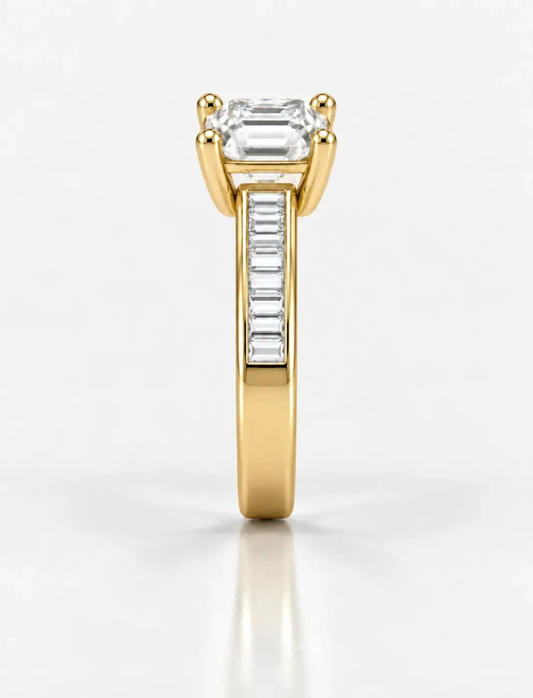 Asscher Diamond Engagement Ring 2.90 Carat with side Baguette Cut Channel Set Diaonmd Pave Set in 18K Yellow Gold