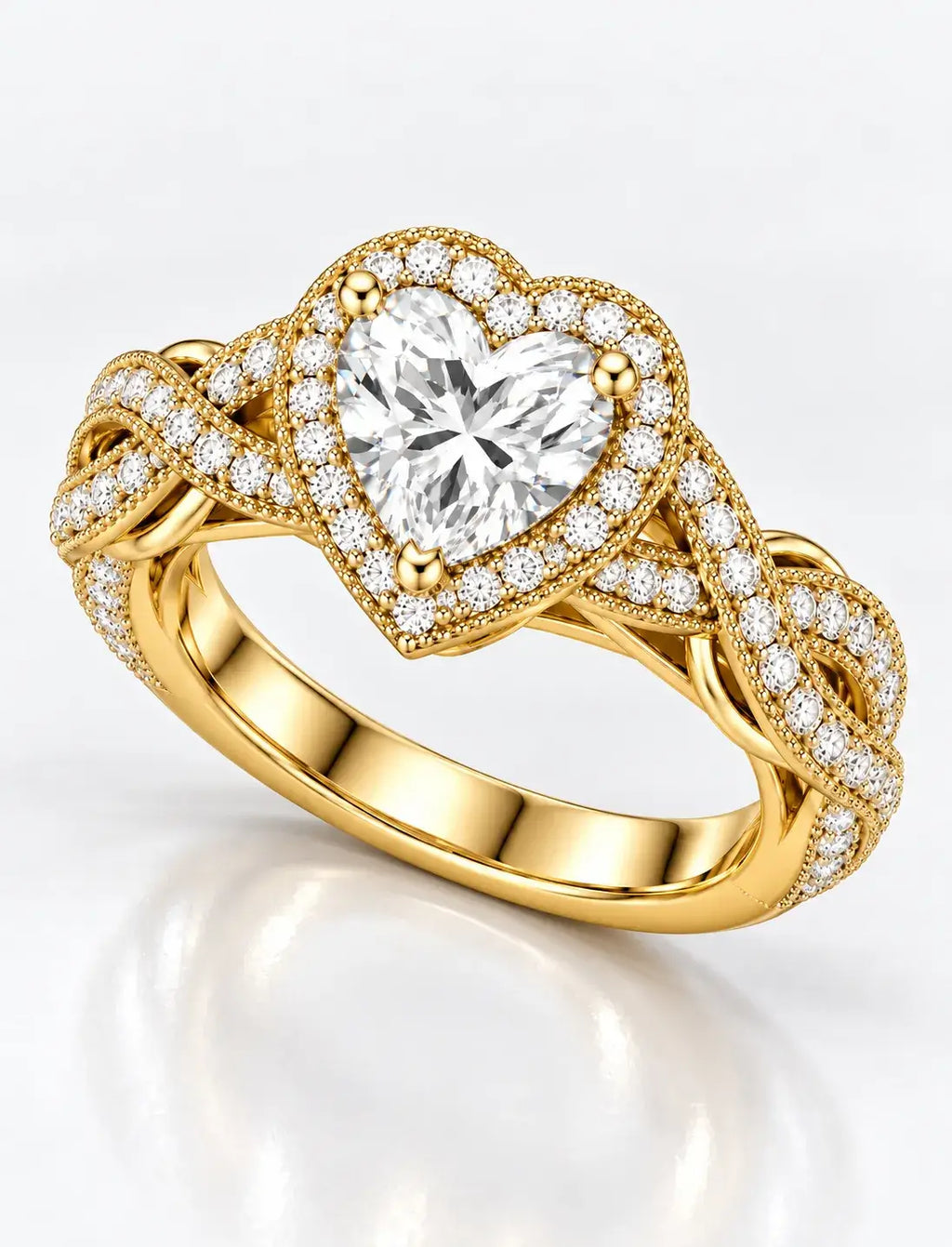Heart-Cut Diamond Halo Engagement Ring IGI Lab Grown Halo Set Twisted Pavé Infinity Band in 18K Yellow Gold