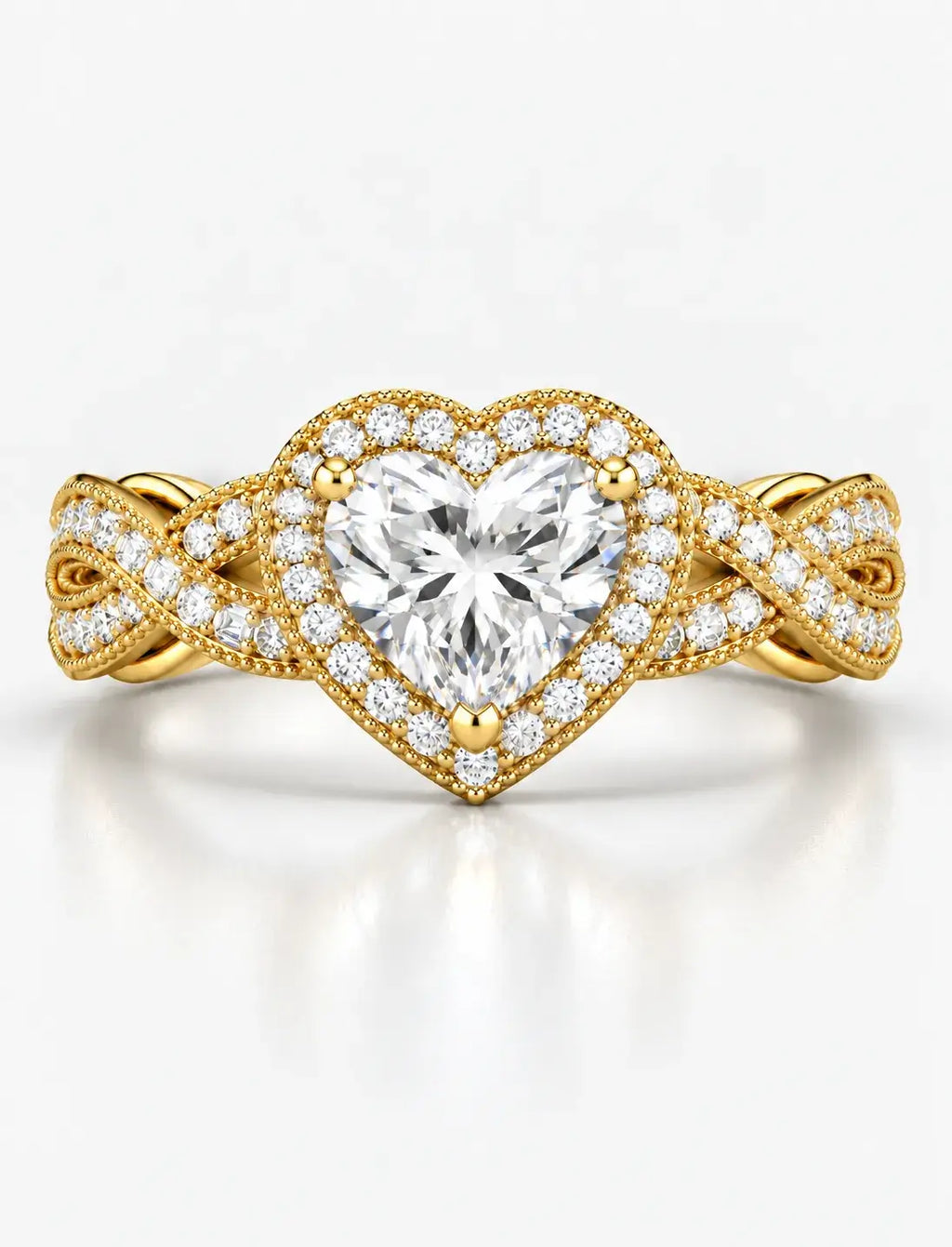 Heart-Cut Diamond Halo Engagement Ring IGI Lab Grown Halo Set Twisted Pavé Infinity Band in 18K Yellow Gold