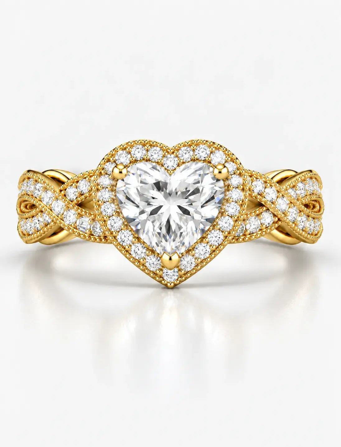 Heart-Cut Diamond Halo Engagement Ring IGI Lab Grown Halo Set Twisted Pavé Infinity Band in 18K Yellow Gold