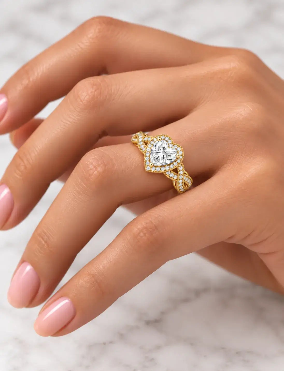 Heart-Cut Diamond Halo Engagement Ring IGI Lab Grown Halo Set Twisted Pavé Infinity Band in 18K Yellow Gold